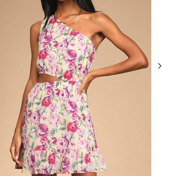 NWT Lulus Floral Cut Out Sundress Sleeveless Pink Yellow One Shoulder Size Large - Picture 7 of 11